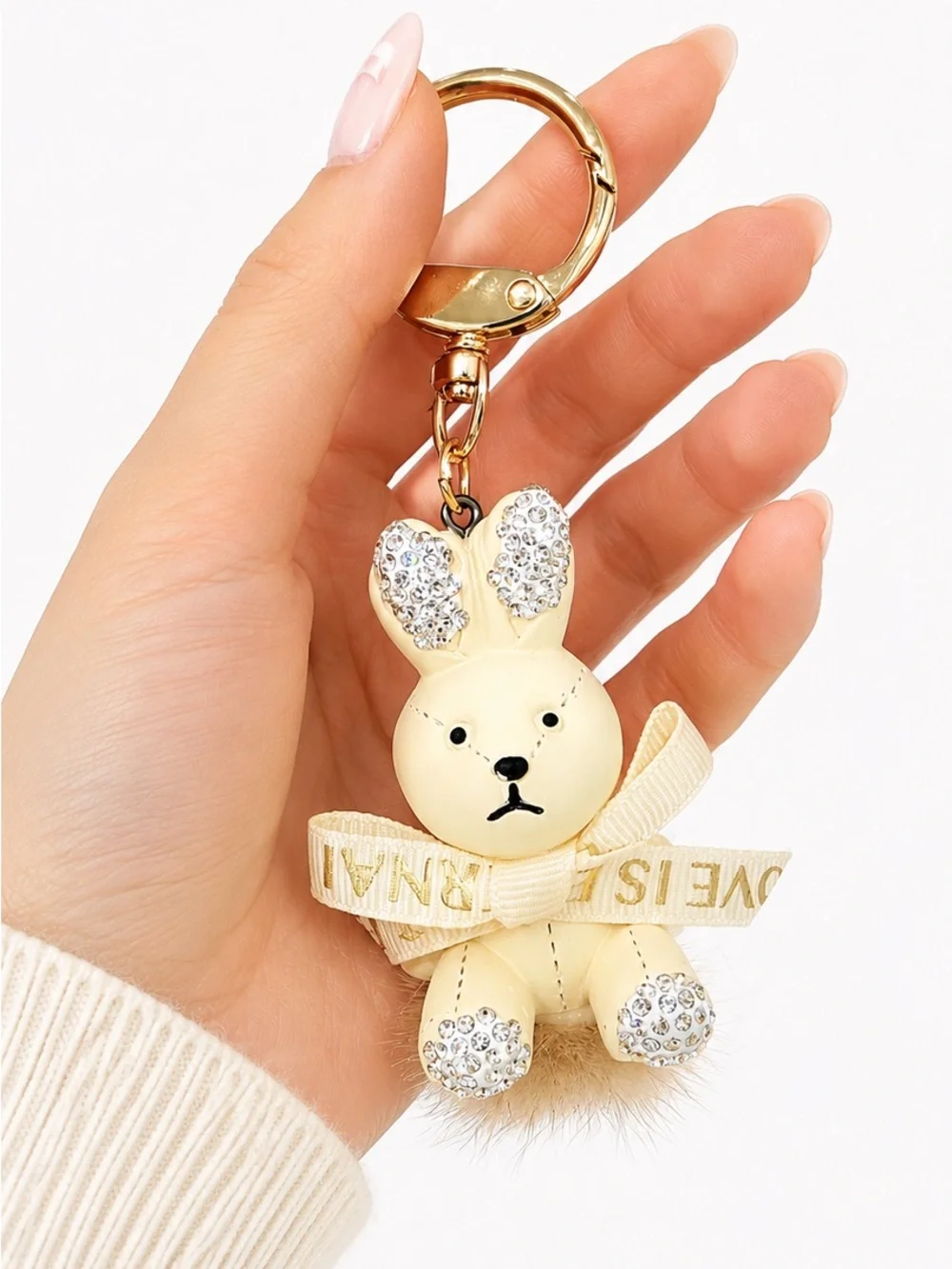 Luxury Rhinestone Cream Bunny Gold Keychain/Bag Charm • NEW IN PACKAGE